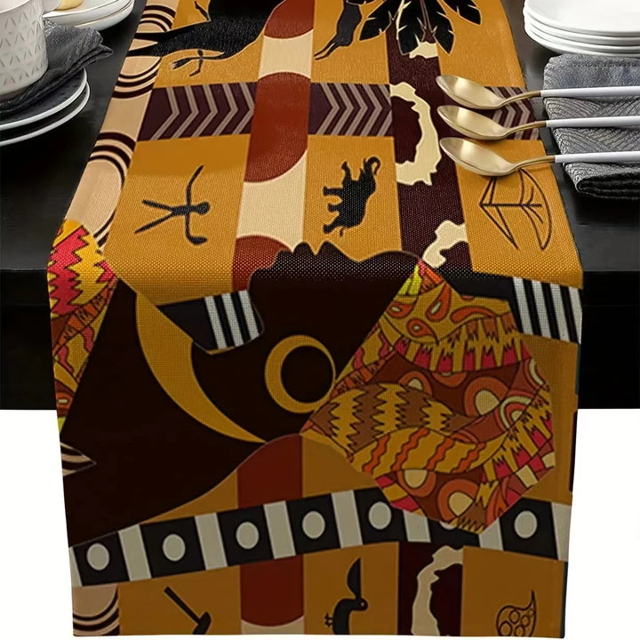 African Black Woman Table Runner with Elephant & Giraffe Motifs – Luxury Dining Elegance - Glow by Hellen African and Boho Jewelry African Home Decor Cultural Accessories