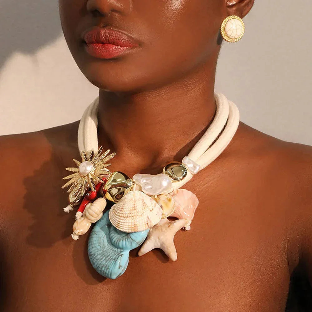 Boho Luxe Statement Necklace — Shells &amp; Sparkling Flower - Glow by Hellen African and Boho Jewelry African Home Decor Cultural Accessories