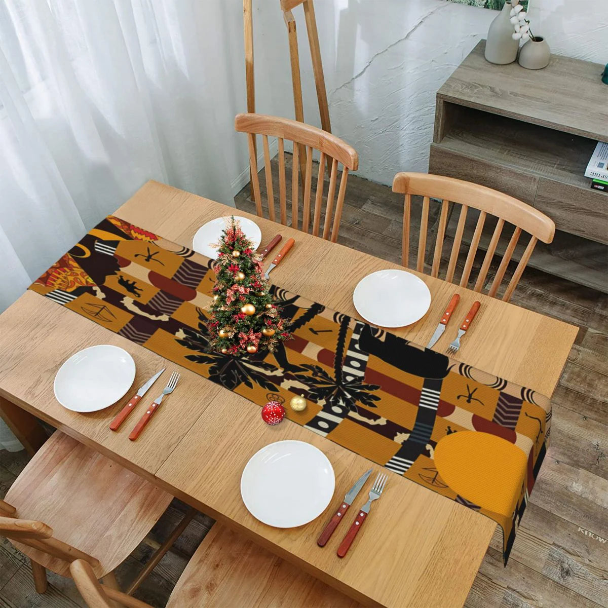 African Black Woman Table Runner with Elephant & Giraffe Motifs – Luxury Dining Elegance - Glow by Hellen African and Boho Jewelry African Home Decor Cultural Accessories
