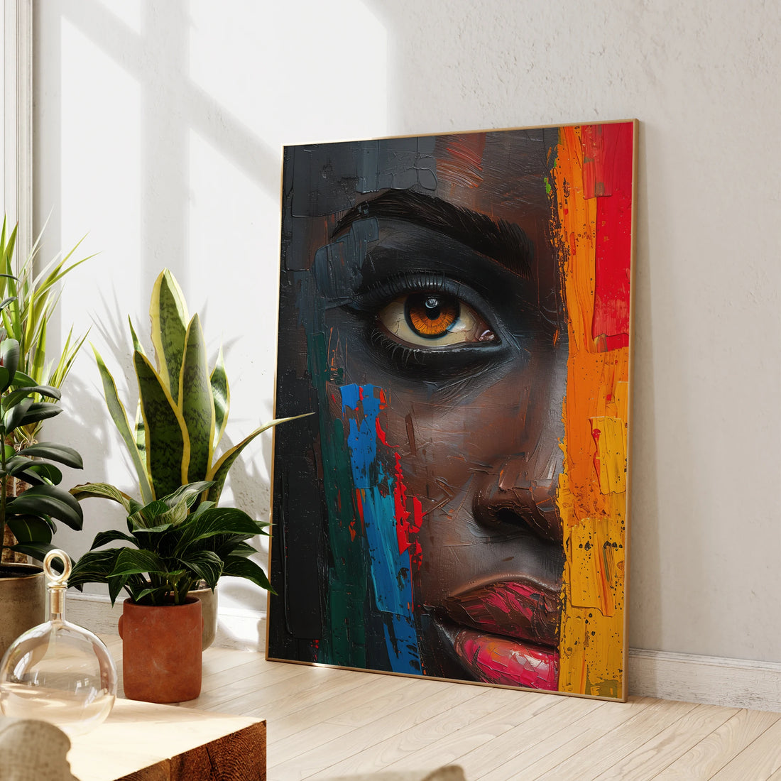 KARO GAZE ABSTRACT CANVAS – Intense Color Mysterious Woman Face Print - Glow by Hellen African and Boho Jewelry African Home Decor Cultural Accessories