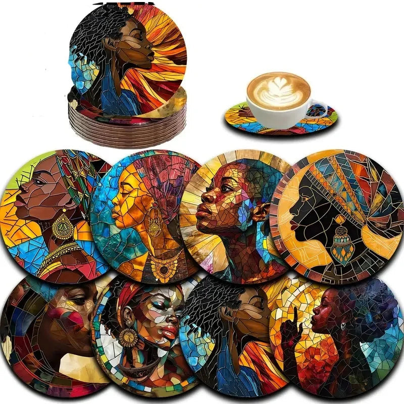 8 Circular Wooden Coasters – Artistic, Durable &amp; Anti-Slip - Glow by Hellen African and Boho Jewelry African Home Decor Cultural Accessories