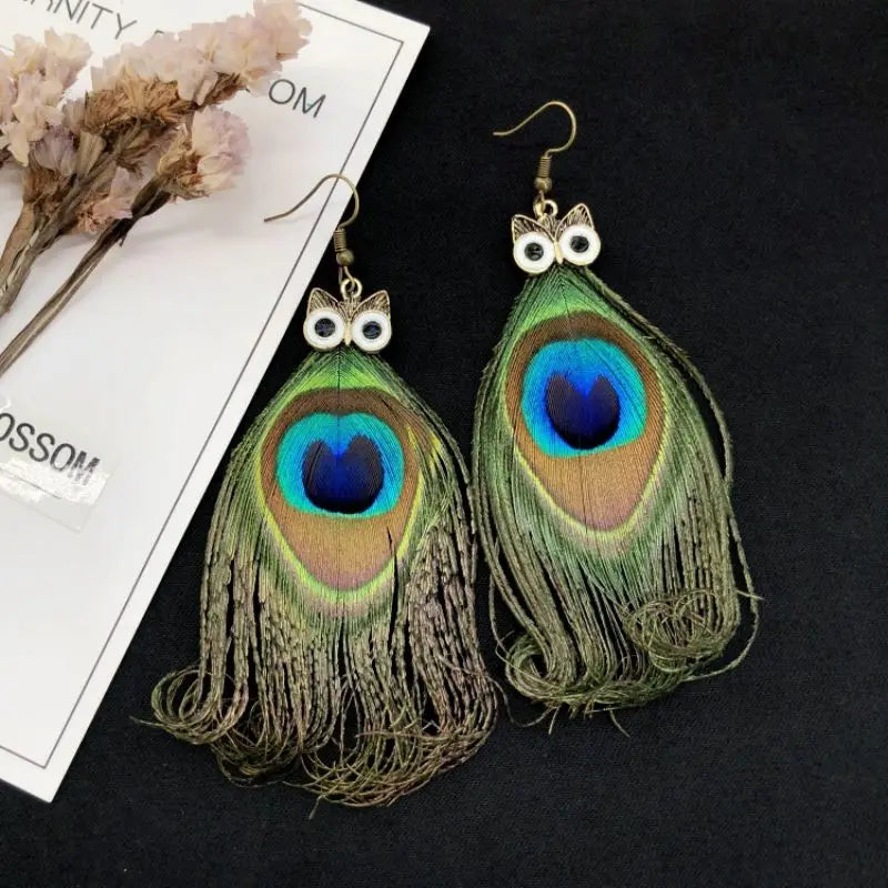 MAASAI PEACOCK PLUMES EARRINGS – Unique Imitation Feather Exaggerate Boho Statement Jewelry - Glow by Hellen African and Boho Jewelry African Home Decor Cultural Accessories