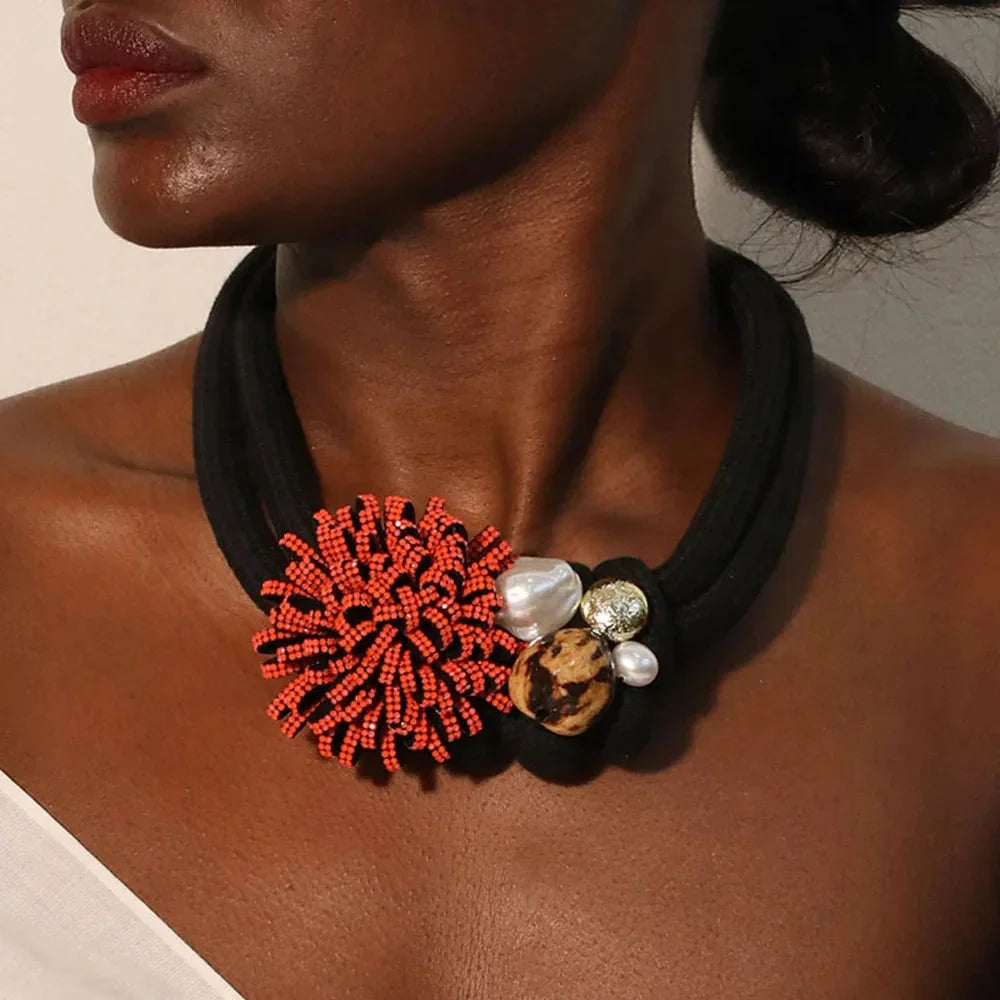 Statement Red Flower Necklace - Glow by Hellen African and Boho Jewelry African Home Decor Cultural Accessories