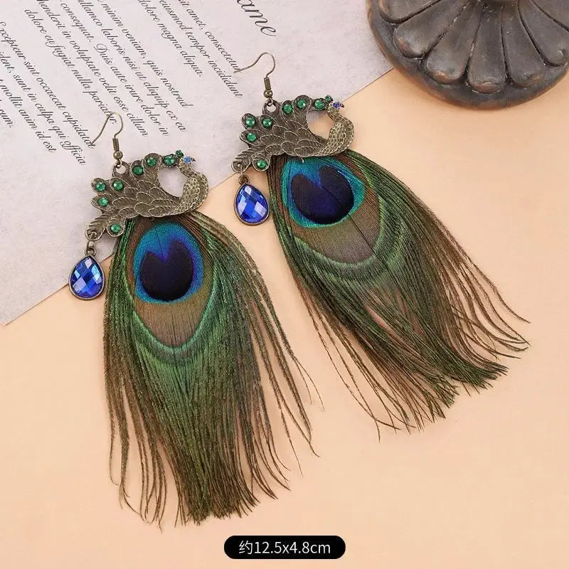 MAASAI PEACOCK PLUMES EARRINGS – Unique Imitation Feather Exaggerate Boho Statement Jewelry - Glow by Hellen African and Boho Jewelry African Home Decor Cultural Accessories