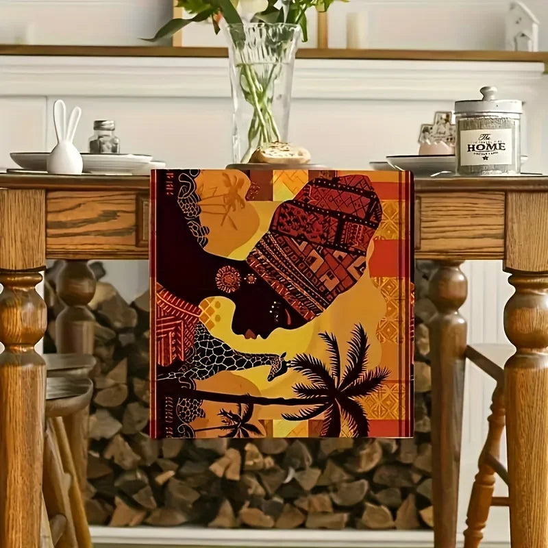 SAN SAFARI SPIRIT TABLE COVER – African Animals & Trees Print Tablecloth/Runner - Glow by Hellen African and Boho Jewelry African Home Decor Cultural Accessories