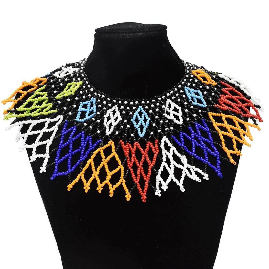 ZULU MESH COLLAR NECKLACE – Classic African Resin Bead Chunky Statement Maxi Jewelry - Glow by Hellen African and Boho Jewelry African Home Decor Cultural Accessories