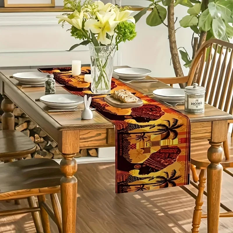 SAN SAFARI SPIRIT TABLE COVER – African Animals & Trees Print Tablecloth/Runner - Glow by Hellen African and Boho Jewelry African Home Decor Cultural Accessories