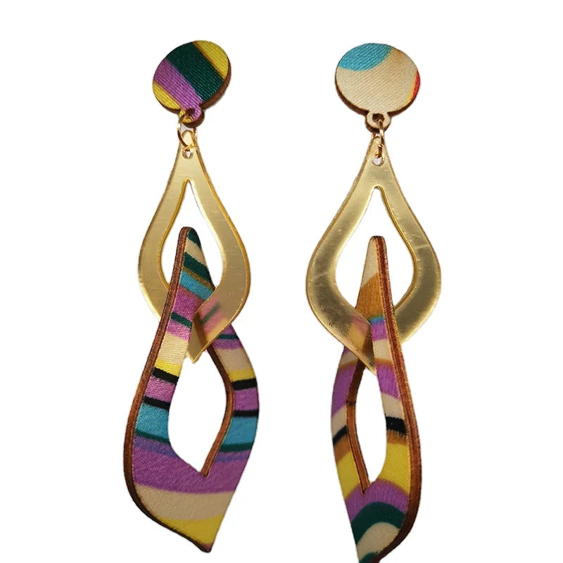 Acrylic Geometric Drop Wooden Stud Earrings — Mixed 6 Colors - Glow by Hellen African and Boho Jewelry African Home Decor Cultural Accessories