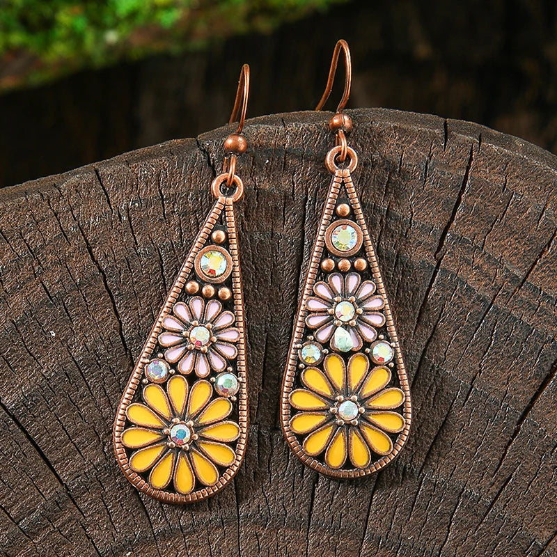 AKAN FLORAL STATEMENT EARRINGS – Bohemian Colorful Enamel Vintage Drop Jewelry - Glow by Hellen African and Boho Jewelry African Home Decor Cultural Accessories