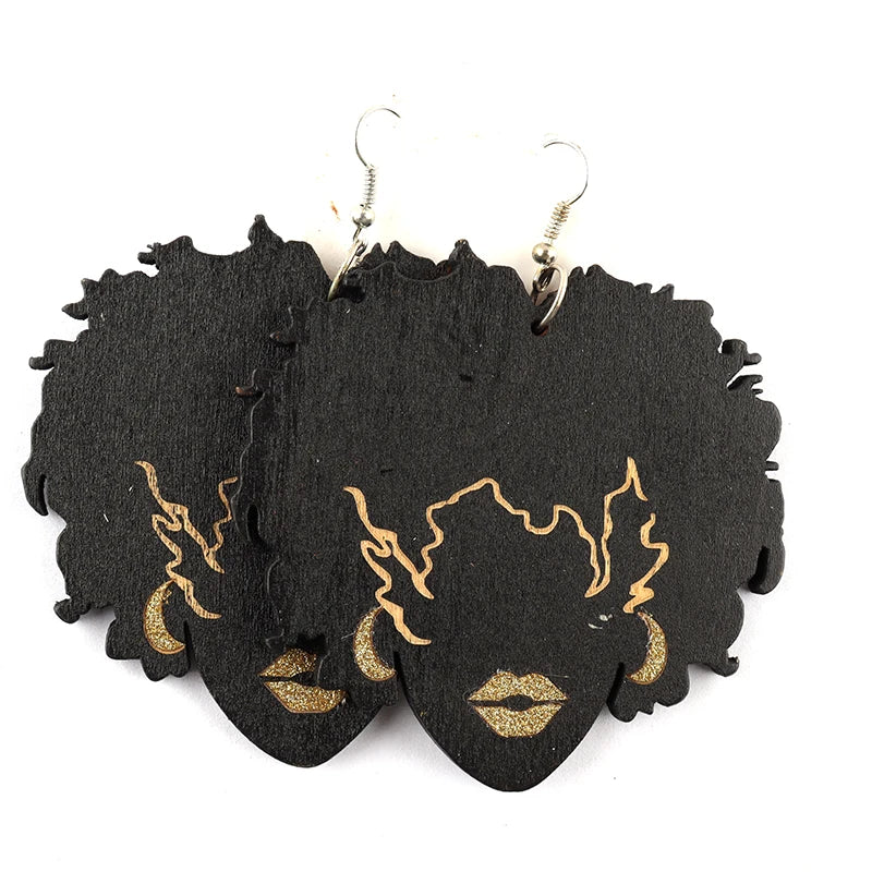Shinny Sexy Afro Girl Wooden Earrings – Handcrafted Boho Chic - Glow by Hellen African and Boho Jewelry African Home Decor Cultural Accessories