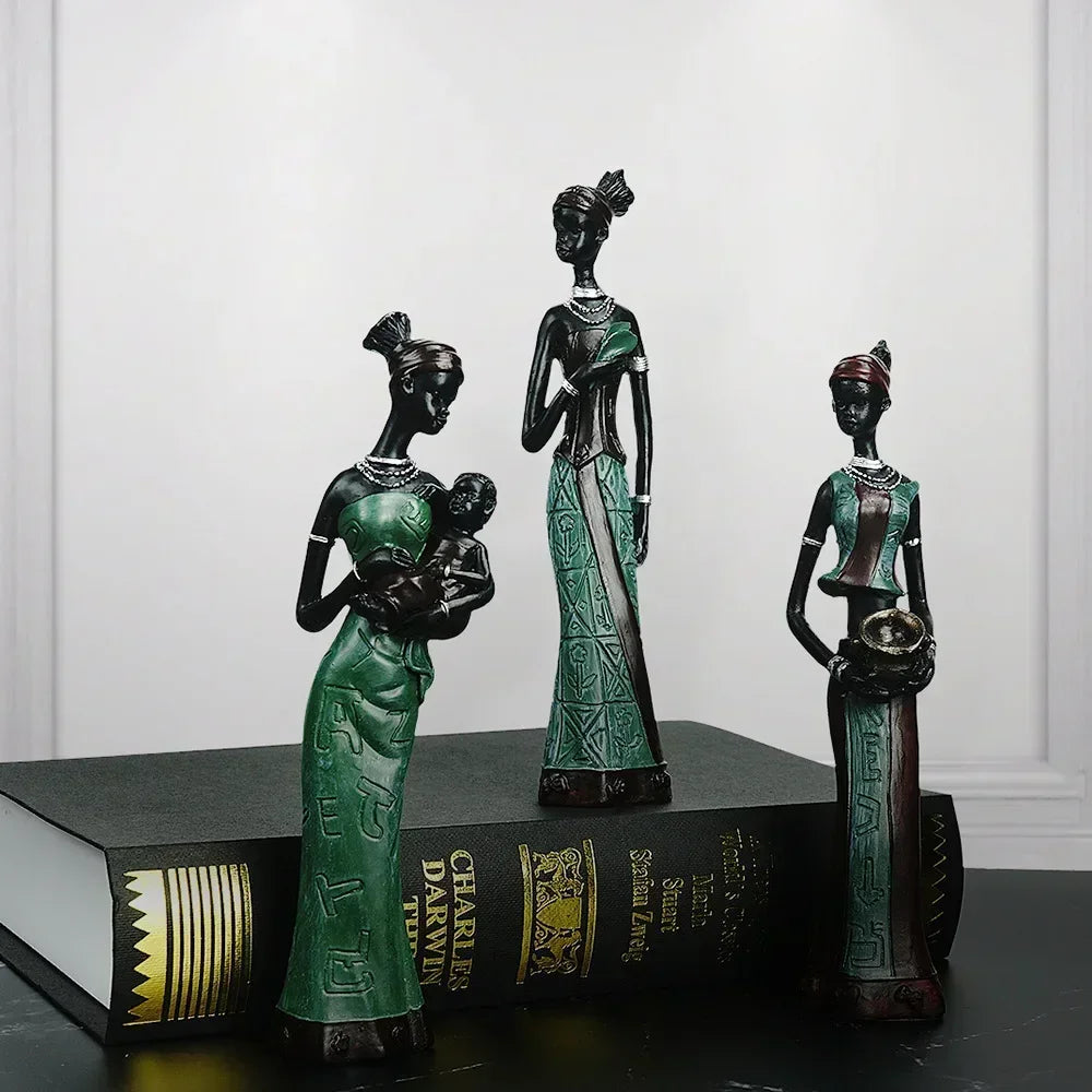 HAMAR HERITAGE FIGURINES – 3x Resin Black Woman Sculptures Set - Glow by Hellen African and Boho Jewelry African Home Decor Cultural Accessories