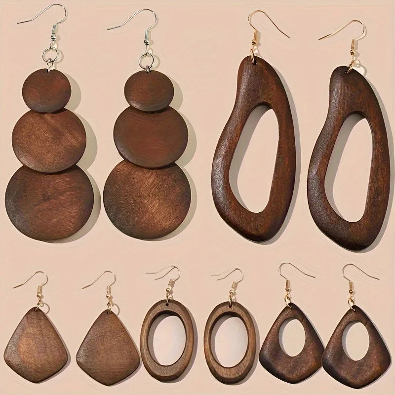 TURKANA EARTH EARRING SET – 5x Retro Brown Wooden Dangle Pairs - Glow by Hellen African and Boho Jewelry African Home Decor Cultural Accessories