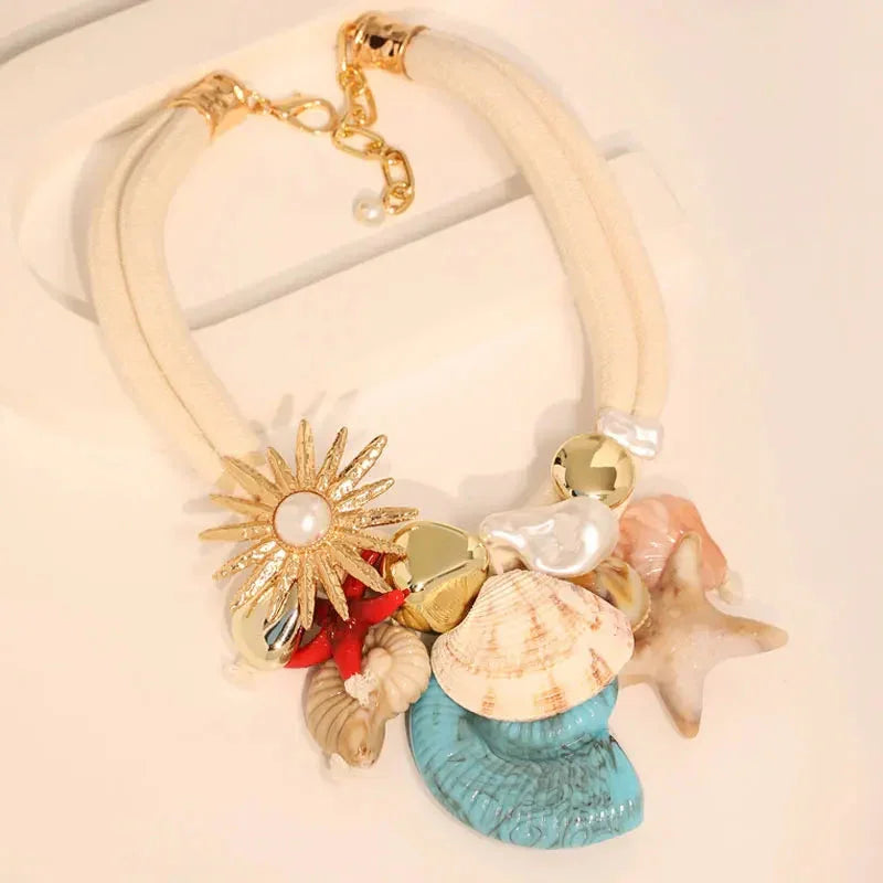 Boho Luxe Statement Necklace — Shells &amp; Sparkling Flower - Glow by Hellen African and Boho Jewelry African Home Decor Cultural Accessories