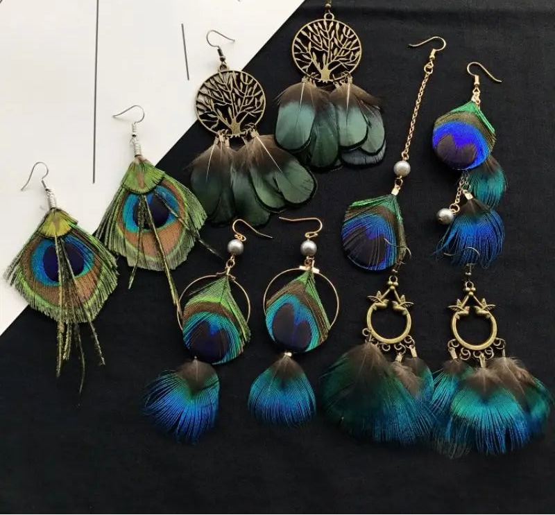MAASAI PEACOCK PLUMES EARRINGS – Unique Imitation Feather Exaggerate Boho Statement Jewelry - Glow by Hellen African and Boho Jewelry African Home Decor Cultural Accessories