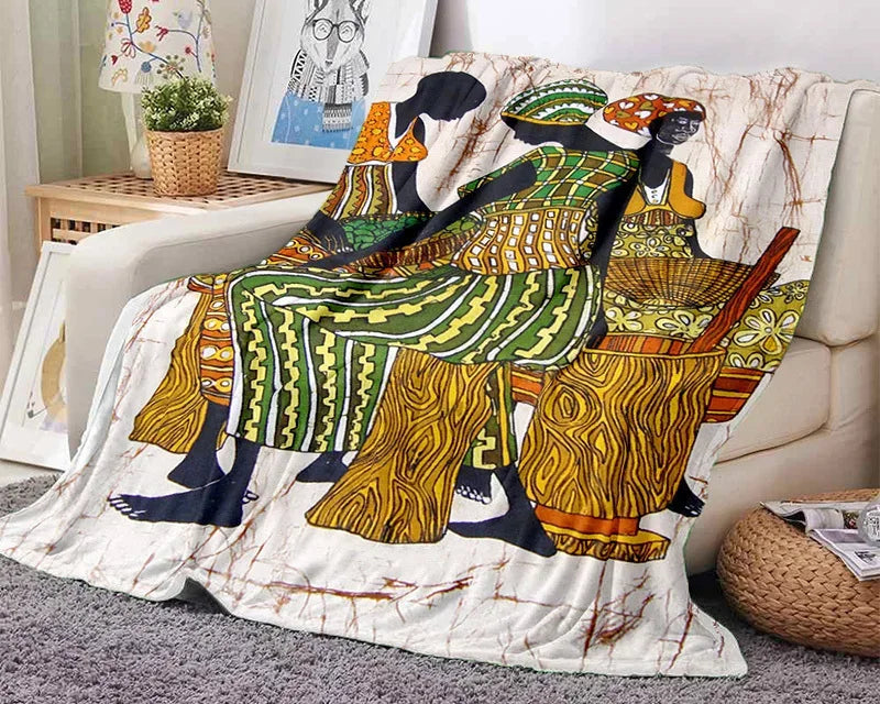 Cartoon Africa Ethiopian Custom Painting Flannel Blanket - Glow by Hellen African and Boho Jewelry African Home Decor Cultural Accessories