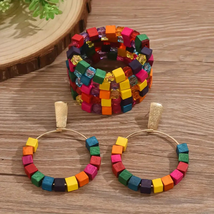 Bohemian Colorful Wood Square Beaded Bracelet + Dangle Earrings Set - Glow by Hellen African and Boho Jewelry African Home Decor Cultural Accessories