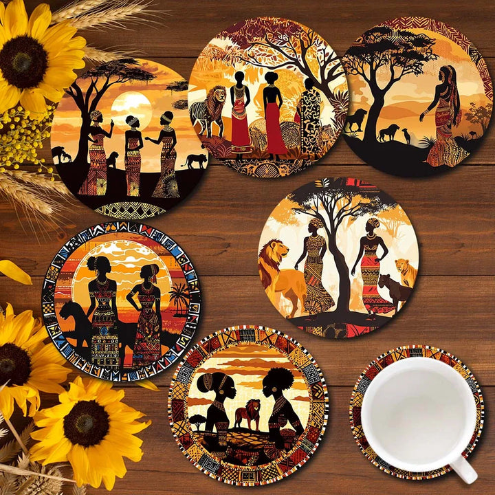 SAN SAVANNAH COASTER SET – 6 Pack Wooden Coasters with Cork Mat & Lioness Silhouette - Glow by Hellen African and Boho Jewelry African Home Decor Cultural Accessories