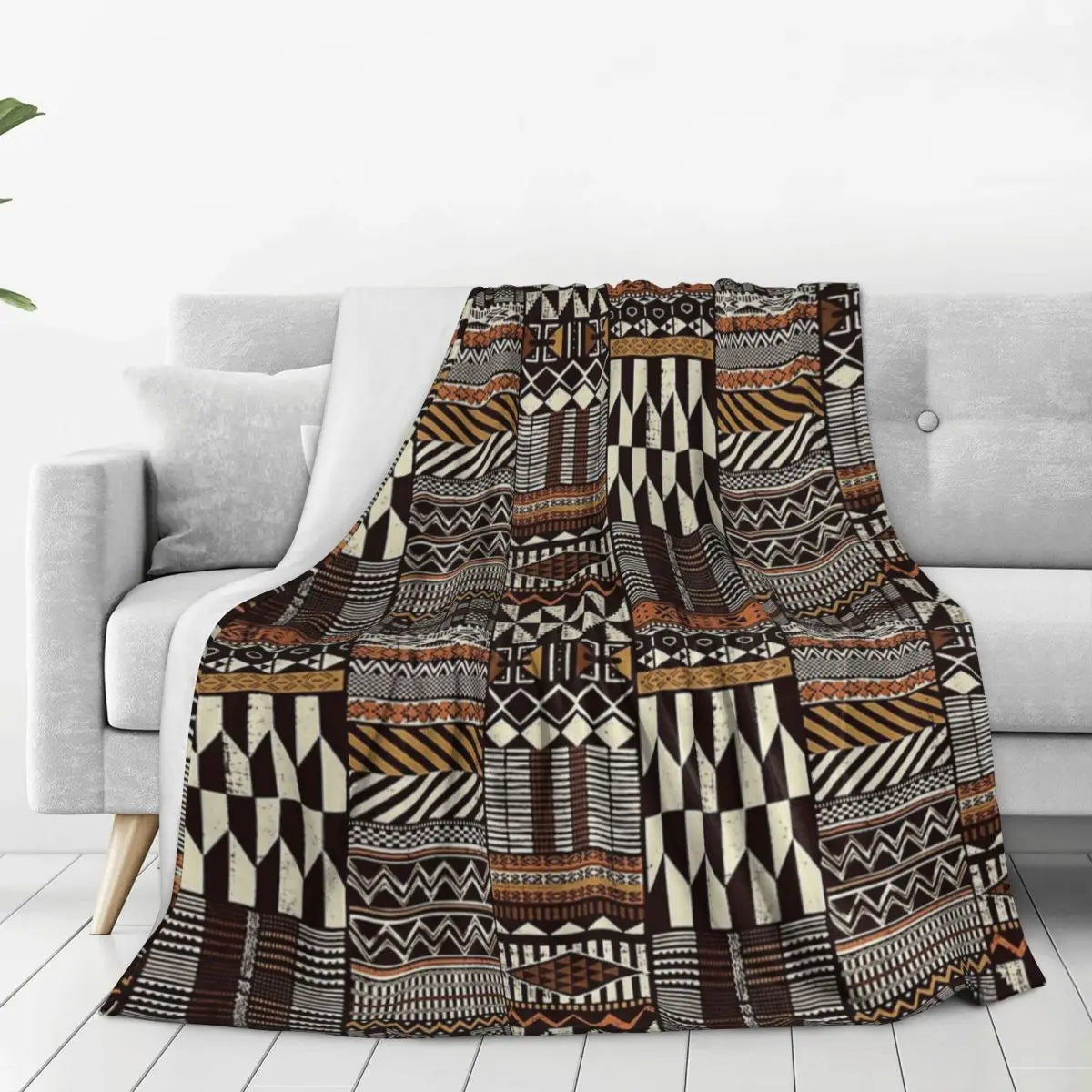 KUBA PATCHWORK THROW BLANKET – Native African Tribal Style Soft Flannel Bedspread - Glow by Hellen African and Boho Jewelry African Home Decor Cultural Accessories