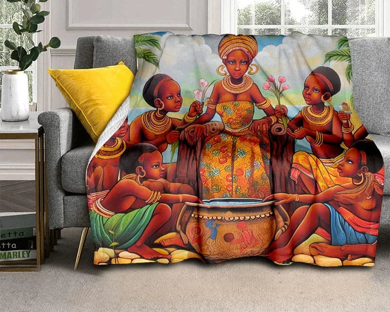Cartoon Africa Ethiopian Custom Painting Flannel Blanket - Glow by Hellen African and Boho Jewelry African Home Decor Cultural Accessories