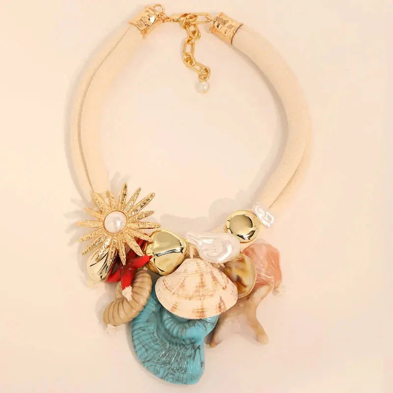 Boho Luxe Statement Necklace — Shells &amp; Sparkling Flower - Glow by Hellen African and Boho Jewelry African Home Decor Cultural Accessories