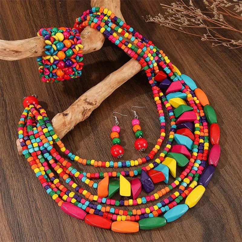 Boho Multilayer Big Colorful Wood Jewelry Set - Glow by Hellen African and Boho Jewelry African Home Decor Cultural Accessories