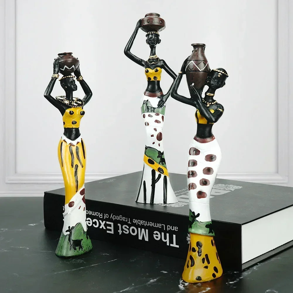 HAMAR HERITAGE FIGURINES – 3x Resin Black Woman Sculptures Set - Glow by Hellen African and Boho Jewelry African Home Decor Cultural Accessories
