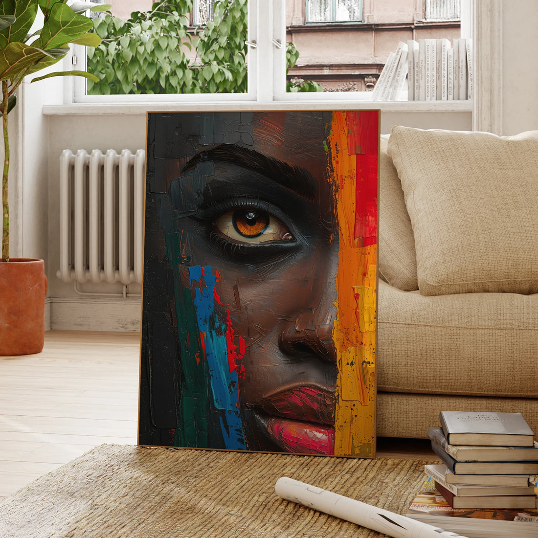 KARO GAZE ABSTRACT CANVAS – Intense Color Mysterious Woman Face Print - Glow by Hellen African and Boho Jewelry African Home Decor Cultural Accessories