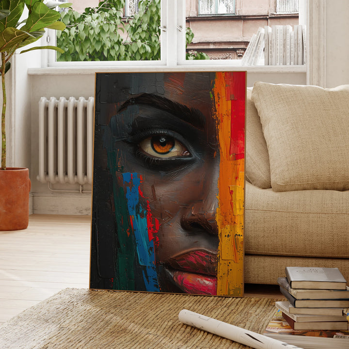 KARO GAZE ABSTRACT CANVAS – Intense Color Mysterious Woman Face Print - Glow by Hellen African and Boho Jewelry African Home Decor Cultural Accessories