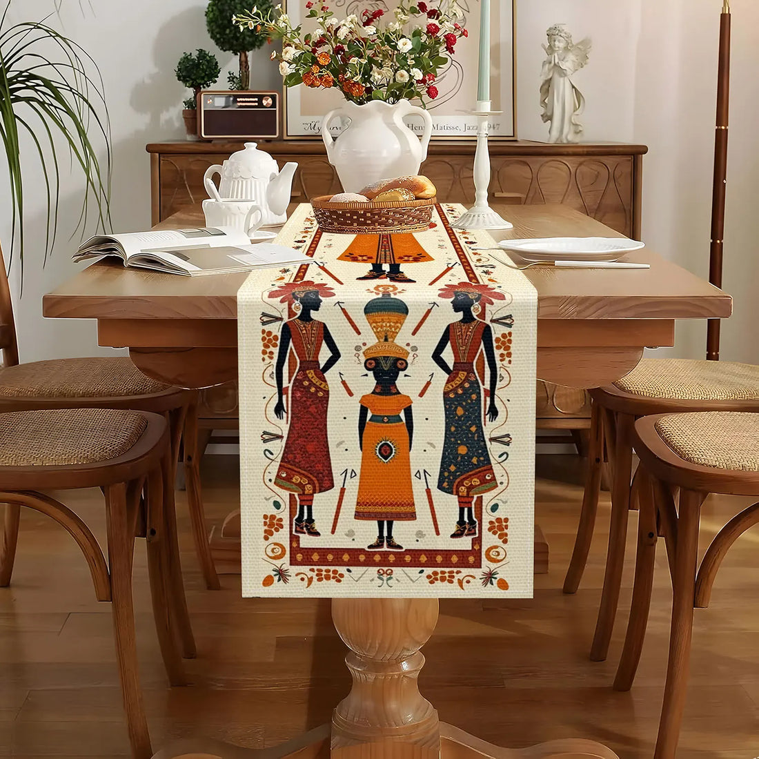 African Black Woman Table Runner – Elephant & Giraffe Motifs - Glow by Hellen African and Boho Jewelry African Home Decor Cultural Accessories